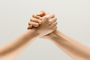 Friends greetings sign or disagreement. Two male hands competion in arm wrestling isolated on grey studio background. Concept of standoff, support, friendship, business, community, strained relations. © master1305