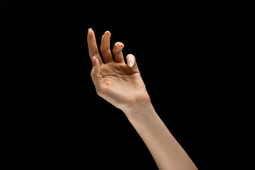 Touching of night. Female hand demonstrating a gesture of getting touch isolated on black studio background. Concept of human emotions, feelings, phycology or business.