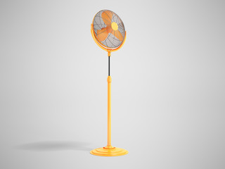 Orange electric fan on foot for cooling room 3d render on gray background