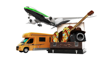 Passenger aircraft and car for travel. Unusual summer vacation travel 3d render on white background no shadow