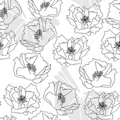 Big poppies flowers and tropical leaves. Floral vector seamless pattern with hand drawn botanical elements.