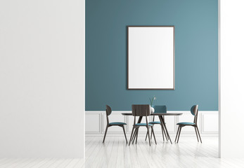 Mock up poster frame in Scandinavian style dining room. Minimalist dining room design. 3D illustration.