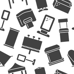 Advertising exhibition banner stands, display seamless pattern with flat glyph icons. Billboard, folding marquees, promo counter, showcase vector illustration. Trade objects signs