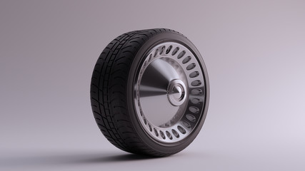 Alloy Rim Wheel with a Closed Retro Wheel Design Silver Chrome with Racing Tyre 3d illustration 3d render