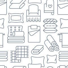 Home textiles seamless pattern with flat line icons. Bedding, bedroom linen, pillows, sheets set, blanket and duvet thin linear illustrations. Blue white background for interior store