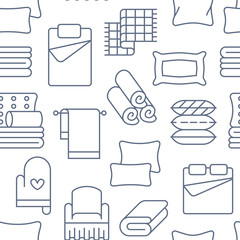 Home textiles seamless pattern with flat line icons. Bedding, bedroom linen, pillows, sheets set, blanket and duvet thin linear illustrations. Blue white background for interior store