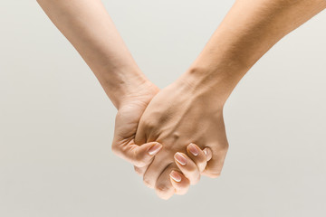 Leading you on. loseup shot of male and female holding hands isolated on grey studio background. Concept of human relations, friendship, partnership, family. Copyspace.