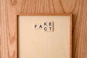 FAKE, FACT word block on wood background. 