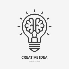 Creative idea flat line icon. Brain in lightbulb vector illustration. Thin sign of innovation, solution, education logo