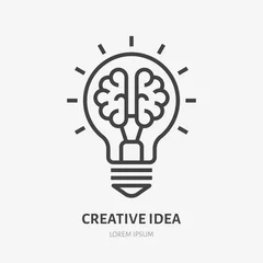 Foto op Plexiglas Creative idea flat line icon. Brain in lightbulb vector illustration. Thin sign of innovation, solution, education logo © nadiinko
