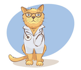 Doctor cat. Funny vector illustration, veterinary medicine and animal health.