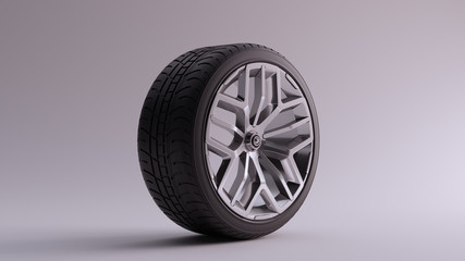 Obraz premium Alloy Rim Wheel with a Multi 5 Spoke Geometric Open Wheel Design Silver Chrome with Racing Tyre 3d illustration 3d render