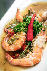 spicy asian prawns in gourmet chilli orange and coriander sauce
