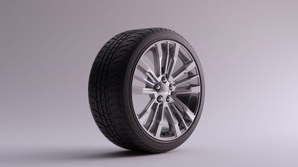 Alloy Rim Wheel with a 5 Spoke Intricate Flared Open Wheel Design Silver Chrome with Racing Tyre 3d illustration 3d render