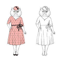 Humanized fat Persian cat woman hipster dressed up in vintage dress and hat. Hand drawn vector illustration. Furry art image. Anthropomorphic animal.