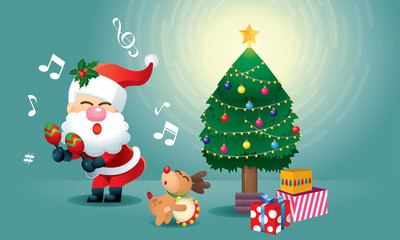 A cute Santa and his reindeer is singing and dancing under the Christmas tree. Vector.