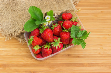 Strawberries with leaves and flowers in plastic container, top view