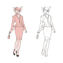 Humanized piggy girl hipster dressed up in pink retro suit. Hand drawn vector illustration. Furry art image. Anthropomorphic animal.