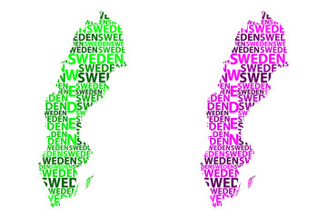 Fototapeta premium Sketch Sweden letter text map, Kingdom of Sweden - in the shape of the continent, Map Sweden - green and purple vector illustration