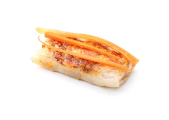 Tasty fried spring rolls on white background