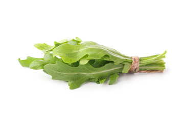 Bunch of fresh arugula on white background