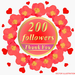 Bright followers background. 200 followers illustration with thank you on a ribbon. Vector illustration.