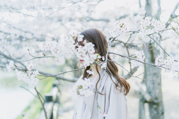 桜と女性