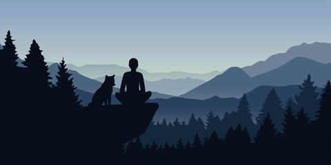 man and his dog on a cliff in the forest with mountain view nature landscape vector illustration EPS10