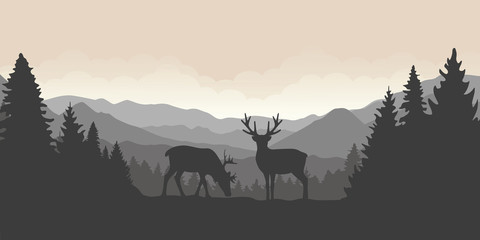 Fototapeta na wymiar two reindeer in the mountains with forest landscape vector illustration EPS10