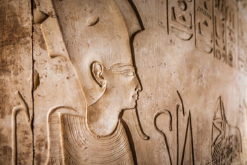 Detail of the relief, drawing with hieroglyphs based on the mythology of ancient Egypt - Temple of...