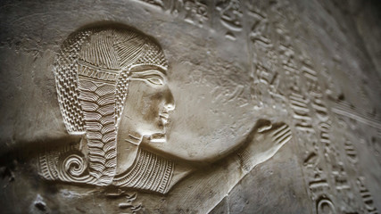 Detail of the relief, drawing with hieroglyphs based on the mythology of ancient Egypt - Temple of Sethy the First at Abydos - Middle Egypt