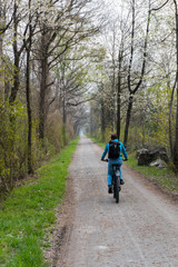 Obraz premium sporty woman riding a bicycle along a dirt path through a beautiful spring time colorful forest