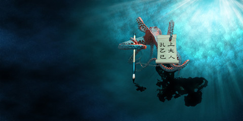 Octopus the calligrapher practices Chinese characters using his ink © Oxana Stepanova