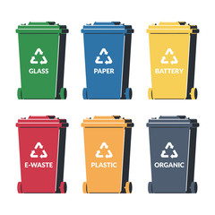 Multicolored garbage cans for sorting trash with a sign of recycling