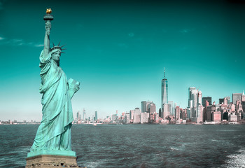 Manhattah skyline and Statue of Liberty.