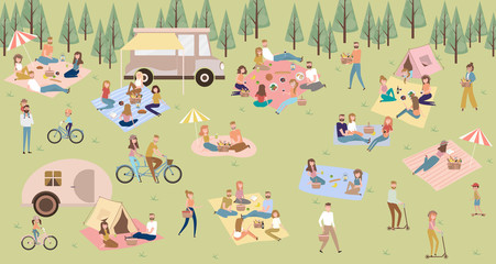 Summer picnic with active family vacation with kids, couples, families, relaxing on nature, ride bicycles and skateboard. Editable vector illustration - obrazy, fototapety, plakaty
