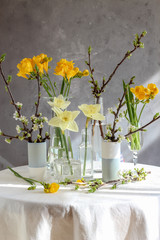 Spring table styling with spring flowers and blooming tree branches. Spring, Easter still life composition