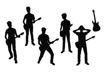 Vector silhouettes of teenagers playing music on the guitar and sing, standing, black color, isolated on white background