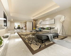 3d rendering modern dining room and living room with luxury decor