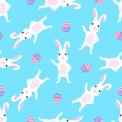 Easter bunny with paint egg in paws seamless pattern.