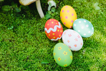 Beautiful Easter multi color egg on garden green grass