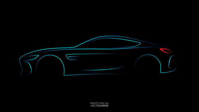 Modern car sketch line silhouette blue and green light isolated on black background in side view. Vector illustration in concept technology electric car, self drive car