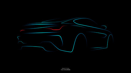 Modern car sketch line silhouette rear view in blue light lines and red tail light isolated on black background. Vector illustration in concept technology electric car, self drive car