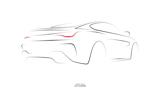 Modern Car Sketch Line Silhouette Rear View Isolated On White Background. Vector Illustration In Concept Technology Electric Car, Self Drive Car