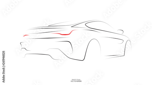 Modern Car Sketch Line Silhouette Rear View Isolated On White Background Vector Illustration In Concept Technology Electric Car Self Drive Car Wall Mural Korkeng