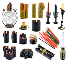 Design set with burning black red and colorful candles isolated on white