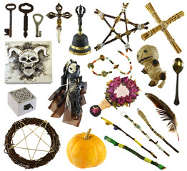 Design set with ritual objects with voodoo doll, pentagram, pumpkin isolated on white