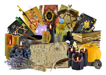 Design collage with group of magic ritual objects, witch book, candles isolated on white