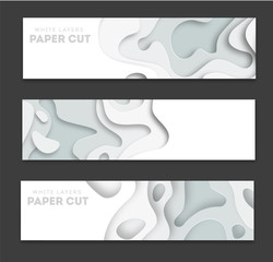 Horizontal white banners with 3D abstract background, white paper cut shapes. Vector design layout for business presentations, flyers, posters and invitations. Carving art