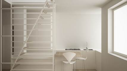 Fototapeta premium Minimalist living room with kitchen and white modern staircase with wooden steps, parquet floor, big window, morning bright light, contemporary interior design concept, architecture